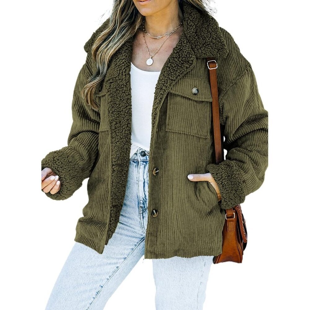 Women's A Green Jacket Vests Coat Fleece Fur Collar Button Down Winter Warm